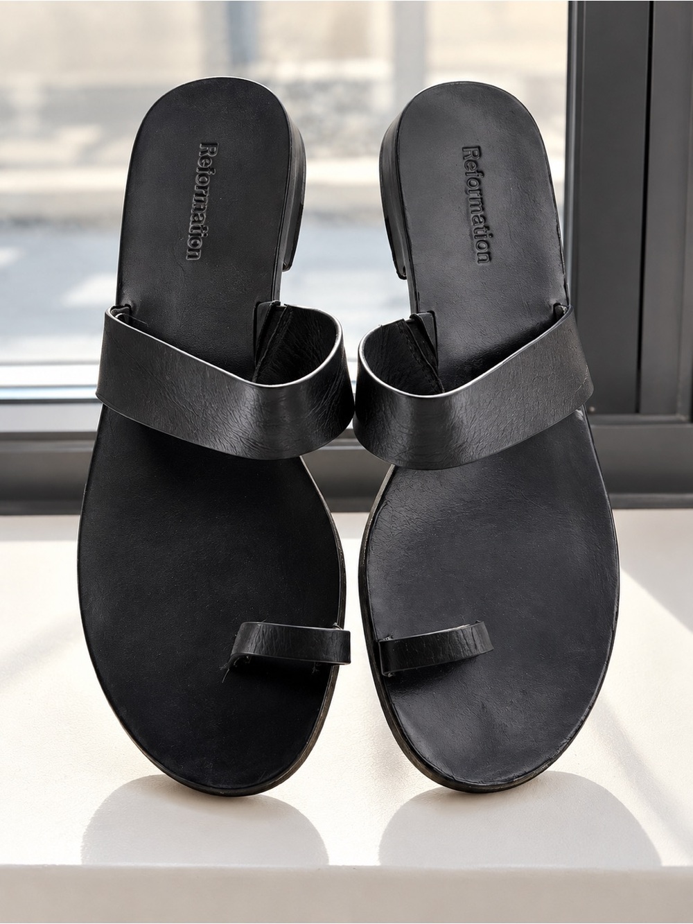 REFORMATION Leather Toe Loop Flat Slide Sandals in Black